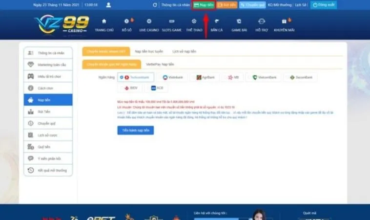 Hướng Dẫn Nạp Tiền VZ99 Nhanh Chóng Và An Toàn 2 Giao diện nạp tiền VZ99
