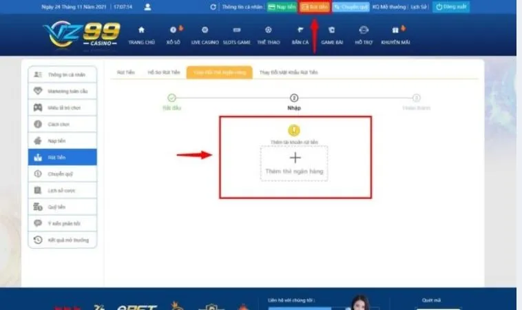 Hướng Dẫn Rút Tiền VZ99 Nhanh Chóng Và An Toàn 2 Giao diện rút tiền VZ99